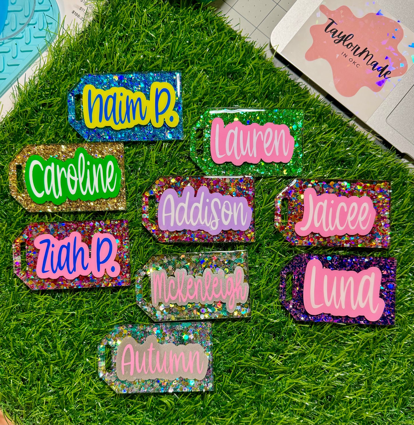 Glitter bag tags
