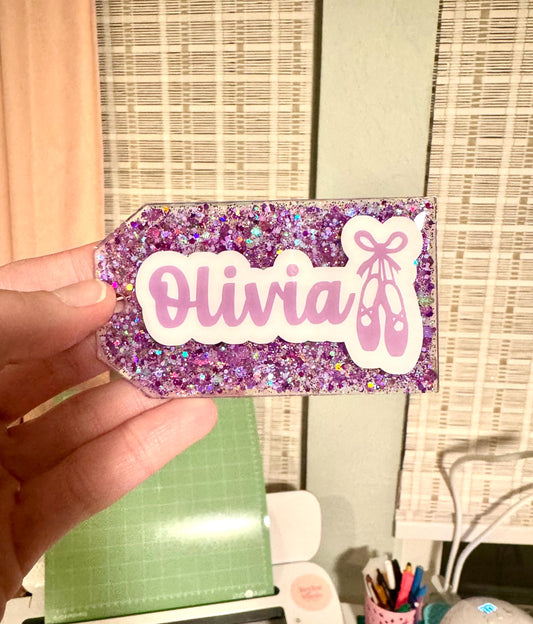 dance bag tag• personalized name tag• ballet• gymnastics•glitter• teen gift•travel gift•dance team•travel bag•